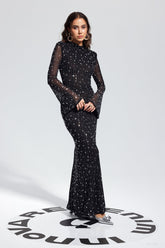 Andie Taşlı Bodycon Uzun Kollu Maxi Elbise